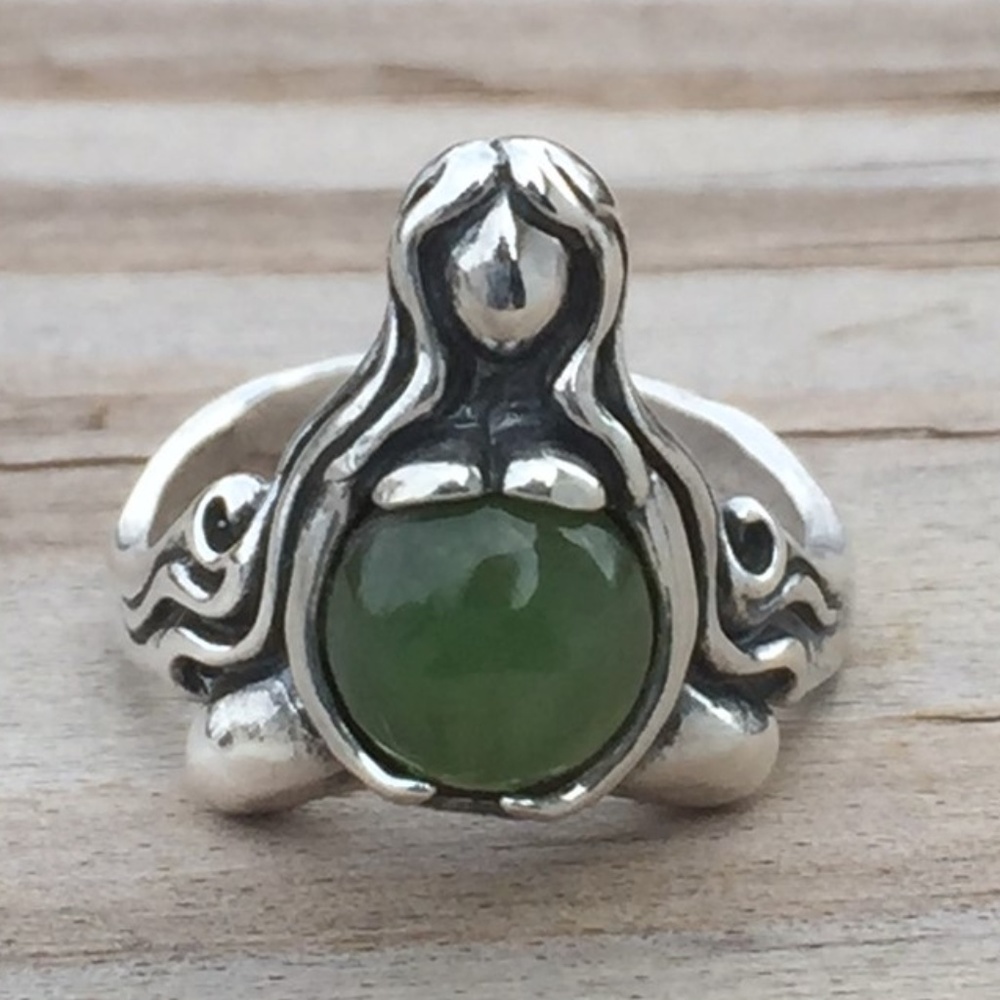 Goddess of Abundance Ring .925 Sterling Silver w/ genuine Jade gem Made in USA - Picture 4 of 8